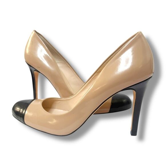 LK Bennett Bruton Taupe Leather Black Cap Toe High Heel Pumps Women’s Size 39 - Picture 1 of 11